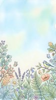Soft watercolor botanical border with wildflowers, fern, lavender, daisy, bluebell, and a blue tit bird on pastel sky background.