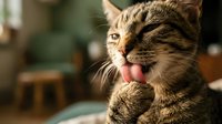 Tabby cat licking its paw while grooming indoors, with a blurred cozy home interior in the background.