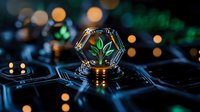 Green sprout growing in hexagonal glass chamber on dark circuit board surface with glowing bokeh lights, symbolizing technological innovation and sustainable growth.