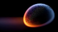 Abstract glowing sphere with particle effects and orange light trail on black background for digital art and futuristic design projects.