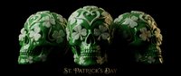 St. Patrick's Day themed skulls with green clover patterns, isolated on black background for holiday design projects and festive celebrations.