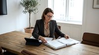 Woman in business casual attire wearing glasses reviews documents at wooden desk in bright office with potted plant, tablet nearby for work and planning.