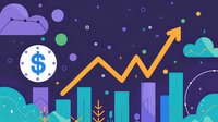 Growing financial chart with upward trending arrow and dollar symbol on dark background with decorative elements and geometric shapes. For business presentations.