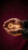 Protective hands cupping glowing golden key symbol representing security, access, protection and business solutions on dark burgundy background.