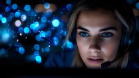 Young female gamer with headset illuminated by blue bokeh lights in dark room, face lit by screen glow, showing focused expression and professional gaming setup.