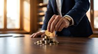 Professional businessman in dark suit stacking golden coins on wooden desk in modern office with warm lighting for financial growth and investment concepts.