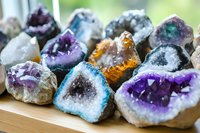 Collection of colorful natural crystal geodes and mineral specimens displaying purple amethyst, blue celestite, and various gemstones on wooden surface.