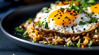 Fried egg with runny yolk on grain bowl with seeds and herbs in dark pan. Healthy breakfast or brunch meal with protein and whole grains for nutrition.