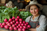 Hispanic female farmer in hat and apron displaying fresh harvested organic radishes at local market stall, surrounded by vibrant produce and greenery.