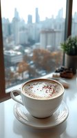 Hot cappuccino with milk foam sprinkled with cocoa powder on windowsill overlooking blurred urban skyline with autumn trees and high-rise buildings in background.