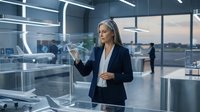 Middle-aged woman with light skin tone and gray hair wearing dark business blazer presenting data visualization on glass panel in modern office with floor-to-ceiling windows overlooking cityscape.