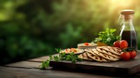 Grilled flatbread with fresh herbs and cherry tomatoes on rustic wooden board, balsamic vinegar bottle in background against green garden bokeh.