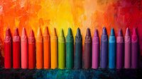 Vibrant rainbow colored wax crayons arranged in spectrum order against colorful abstract textured background. Creative art supplies for drawing and coloring projects.