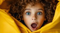 Young girl with bright blue eyes and curly brown hair expressing surprise and wonder, framed by vibrant yellow fabric background, capturing pure childhood emotion.