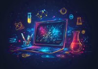 Glowing neon laptop with scientific elements, laboratory equipment, and molecular structures floating in dark space, creating futuristic chemistry research atmosphere.
