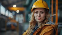 Young female construction worker wearing yellow hard hat and orange safety jacket smiles confidently at industrial worksite with blurred background.