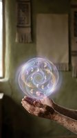 Elderly hands holding glowing magical orb with swirling patterns and mystical energy in atmospheric indoor setting for fantasy and spiritual concepts.