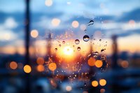 Raindrops on window glass during sunset with blurred city lights creating magical bokeh effect in background, moody atmospheric weather scene at dusk.