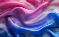 Abstract flowing waves in pink, purple and blue colors create dynamic movement and soft gradient transitions on silky fabric texture background.