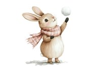 Adorable watercolor rabbit in pink scarf throwing snowball, winter woodland creature illustration isolated on white background for children's designs.