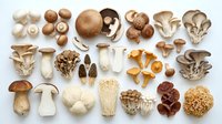 Assorted fresh edible mushrooms collection including shiitake, oyster, enoki, maitake and porcini varieties arranged on white background for cooking.