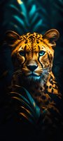 Majestic leopard with bright blue eyes emerging from dark tropical foliage, dramatic lighting highlights spotted fur pattern against teal leaves background.