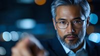 Mature Asian businessman with glasses working late at night in modern office with city lights bokeh background for corporate presentations.
