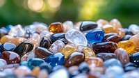 Colorful polished gemstones and crystals collection with natural bokeh background for jewelry making, healing practices, and decorative purposes.