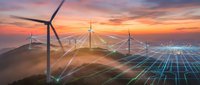 Wind turbines on hills with digital grid overlay at sunset representing renewable energy technology and smart power infrastructure for sustainable future.
