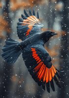 Majestic black raven with vibrant orange-red wing feathers soaring through falling snow against moody winter sky, dramatic lighting highlights spread wings.