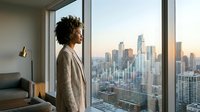 Young African American businesswoman in beige blazer looking out floor-to-ceiling windows at urban skyline during golden hour from modern office interior.