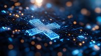 Glowing digital medical cross symbol on circuit board background with bokeh lights in blue technology concept for healthcare innovation.