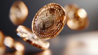 Shiny copper bitcoin cryptocurrency coin floating on dark background with blurred coins in motion, macro shot with selective focus.