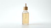 Transparent glass dropper bottle with golden liquid and wooden cap on white background, isolated for skincare, cosmetics, essential oils, serums, and wellness product packaging design.