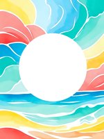 Vibrant watercolor waves in rainbow colors with white circle space for text, abstract fluid art background for summer designs and creative projects.
