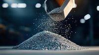 Metallic powder falling from above forming conical pile, industrial manufacturing process captured in dramatic lighting with bokeh background effect.