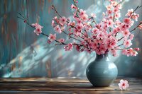 Pink cherry blossom branches in teal ceramic vase on wooden surface against turquoise wall with dramatic lighting and soft shadows create spring atmosphere.