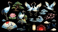 Isolated Asian nature elements collection featuring cranes, bonsai tree, lotus flower, fan, lantern and water waves on transparent background. Ready for t-shirt design, clipart, stickers, sublimation and print-on-demand projects.