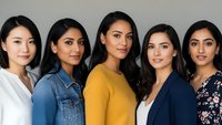 Diverse group of five young professional women standing together in business casual attire, representing teamwork and workplace diversity in modern office.
