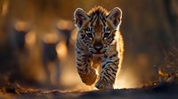 Adorable tiger cub walking forward with striking blue eyes and distinctive stripes in warm golden sunlight creating magical bokeh background atmosphere.