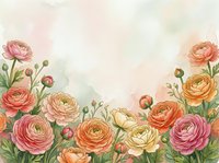 Watercolor ranunculus flowers in pink, peach and yellow tones on soft pastel background with copy space for greeting cards and invitations.