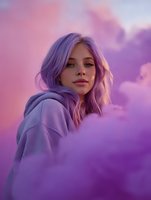 Young woman with purple hair wearing gray hoodie surrounded by pink and purple smoke clouds at sunset, creating dreamy atmospheric portrait.