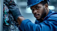 African American male electrician in blue hardhat and workwear examining electrical circuit board in industrial setting, focused on technical maintenance work.