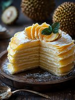 Layered crepe cake with powdered sugar and mint garnish on wooden plate, sliced to show delicate layers of thin pancakes with cream filling, durian fruits in background.