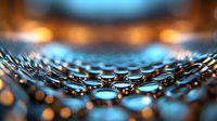 Macro abstract background with metallic honeycomb pattern in blue and orange tones. Shallow depth of field creates dreamy bokeh effect with reflective surfaces.