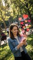 Young woman using smartphone with floating heart emojis in sunny park, social media love reactions, online dating app, digital romance communication concept.