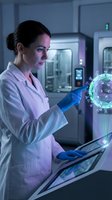 Female scientist examining holographic virus model in modern laboratory with digital technology for medical research and pharmaceutical development.