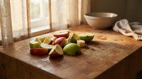 Fresh colorful vegetables on rustic wooden cutting board in warm sunlit kitchen for healthy cooking and meal preparation.