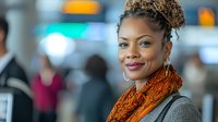 Young African American businesswoman with natural curly hair smiling confidently at airport terminal, wearing orange scarf and gray blazer for travel concepts.