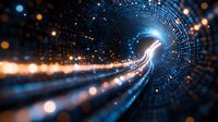 Digital tunnel with glowing light streaks and particles creating futuristic perspective. Abstract technology background with bokeh effect and dynamic motion blur.